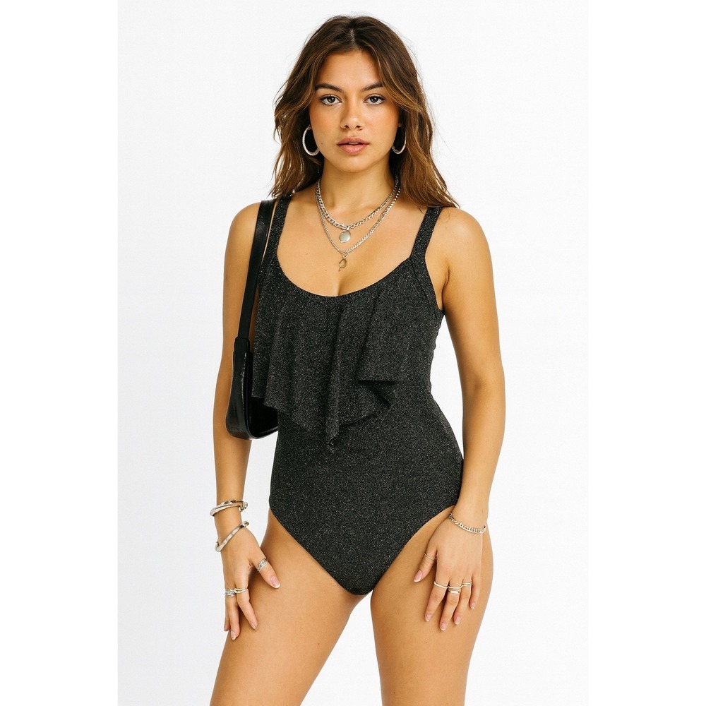 Y2K Metallic Bodysuit Womens Size 2X Glam Ruffle Party Sparkle Shimmer‎ Clubwear